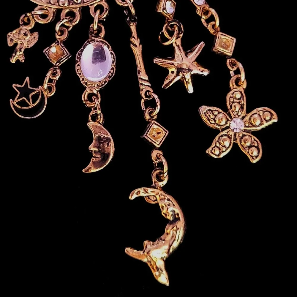 Vintage Style Gold Tone Celestial Man in the Moon Brooch Star Flower Charms Pin
